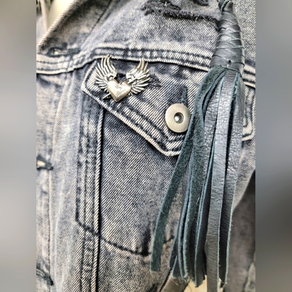 Rock Gothic Jean Jacket With Ed Hardy Eagle Graphics Upcycled Renewed - Picture 8 of 12